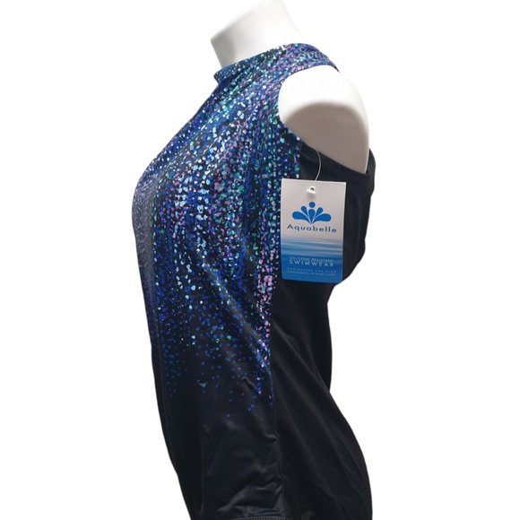 Aquabella Maillot Eng High Neck Blue Raindrops Swimsuit New - Picture 2 of 5